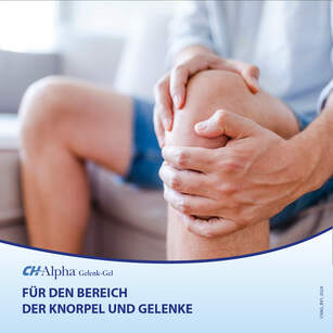 Mann hält mit seinen Händen sein Knie fest. Man sieht nur die Knie. Text: Für den Bereich der Knorpel und Gelenke
